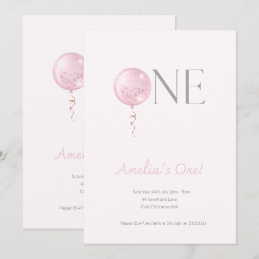 Eerste verjaardagsballon uitnodiging (Voorkant / Achterkant)