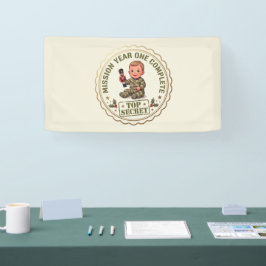 Eerste verjaardagsbanner voor kleine soldaat spandoek