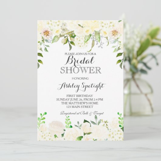 Eerste verjaardagscrème Beauful Floral Invitation Kaart (Staand voorkant)