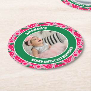 Eerste verjaardagsfeest foto met aardbei ronde kartonnen onderzetter
