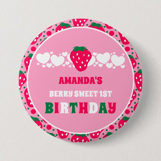 Eerste verjaardagsfeest met aardbeien ronde button 7,6 cm (Voorkant)