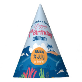 Eerste verjaardagsfeest met vrolijke dolfijnen vie feesthoedjes