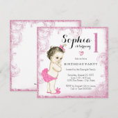 Eerste verjaardagsfeest roze glitter meisjes kaart (Voorkant / Achterkant)