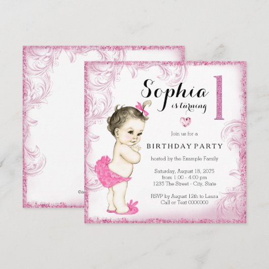 Eerste verjaardagsfeest roze glitter meisjes kaart (Voorkant / Achterkant)