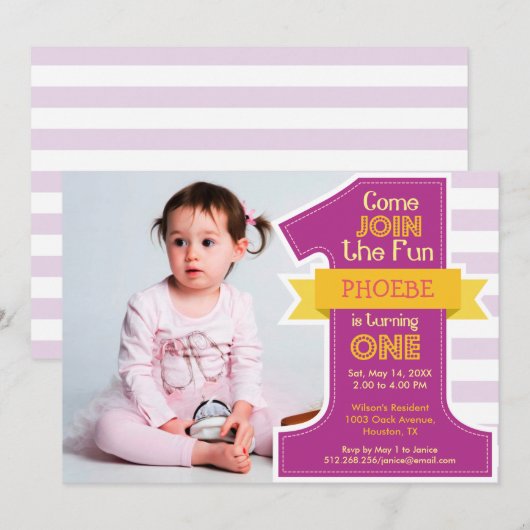 Eerste verjaardagsfeest uitnodiging Paarse meisje (Voorkant / Achterkant)