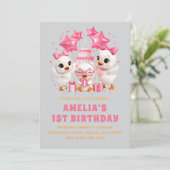 Eerste verjaardagsfeest van kawaii eendjes kaart (Staand voorkant)