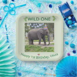 Eerste verjaardagsfeest van wilde olifant papieren bordje
