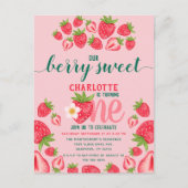 Eerste verjaardagsfeestje aardbei rozezoet briefkaart (Voorkant)