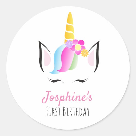 Eerste verjaardagsfeestje Eenhoorn gezicht Illustr Ronde Sticker (Voorkant)