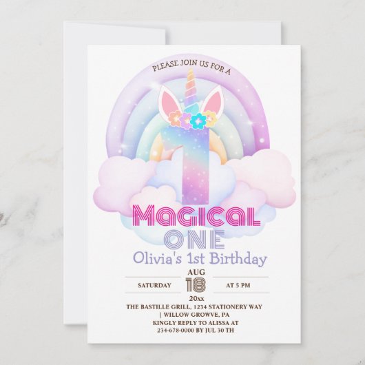 Eerste verjaardagsfeestje eenhoorn regenboog 1ste  kaart (Voorkant)