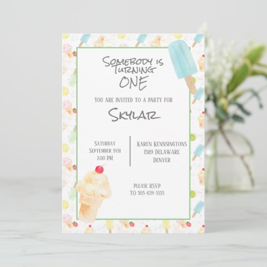 Eerste verjaardagsfeestje ijs uitnodiging (Staand voorkant)