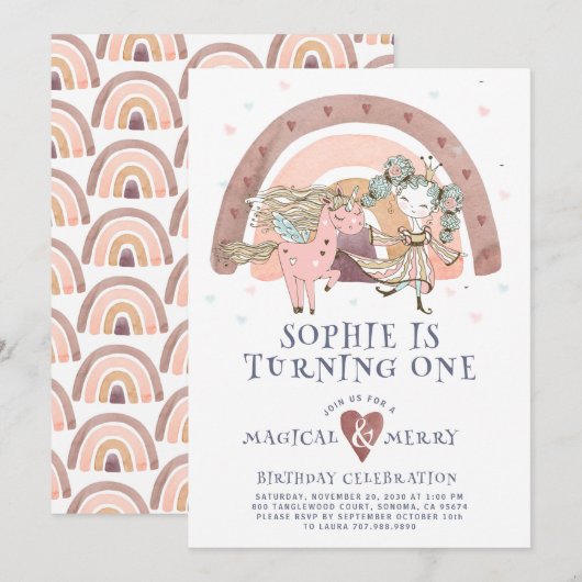 Eerste verjaardagsfeestje Magisch Eenhoorn Regenbo Kaart (Voorkant / Achterkant)