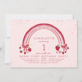 Eerste verjaardagsfeestje met aardbei en regenboog kaart (Voorkant)