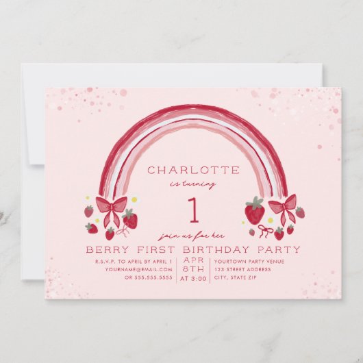 Eerste verjaardagsfeestje met aardbei en regenboog kaart (Voorkant)