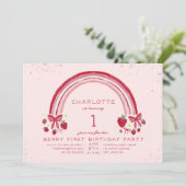 Eerste verjaardagsfeestje met aardbei en regenboog kaart (Staand voorkant)