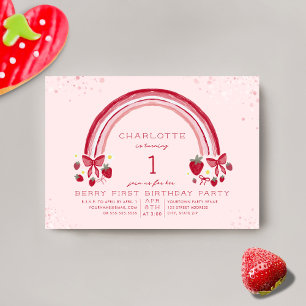 Eerste verjaardagsfeestje met aardbei en regenboog kaart