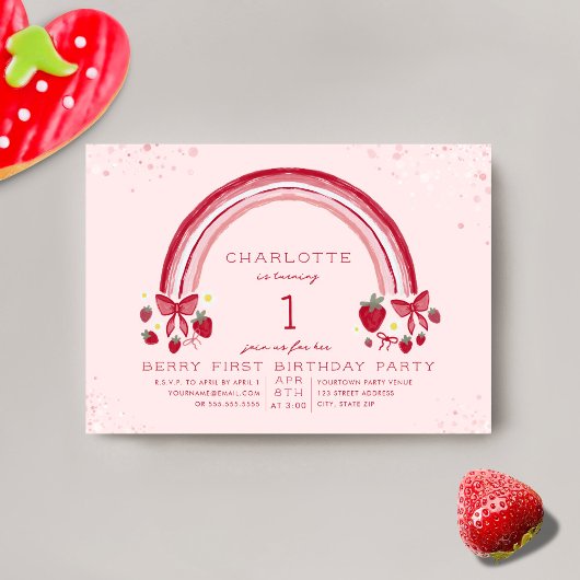 Eerste verjaardagsfeestje met aardbei en regenboog kaart