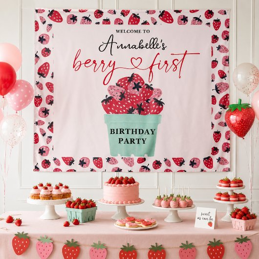 Eerste verjaardagsfeestje met aardbei wandkleed