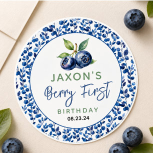 Eerste verjaardagsfeestje met blauwe bessen ronde sticker