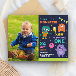 Eerste verjaardagsfeestje met foto van Kleine Mons Uitnodiging Briefkaart