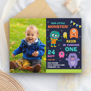 Eerste verjaardagsfeestje met foto van Kleine Mons Uitnodiging Briefkaart