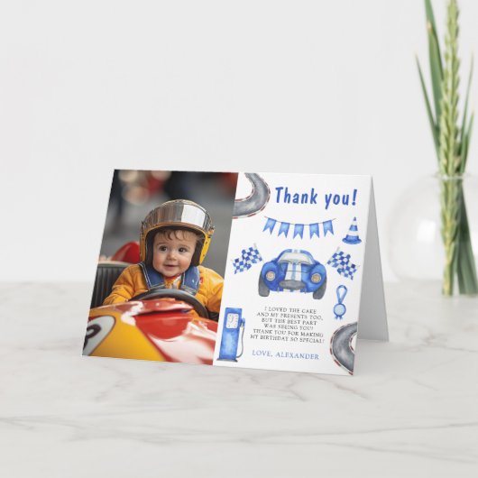 Eerste verjaardagsfeestje raceauto dank je bedankkaart (Voorkant)