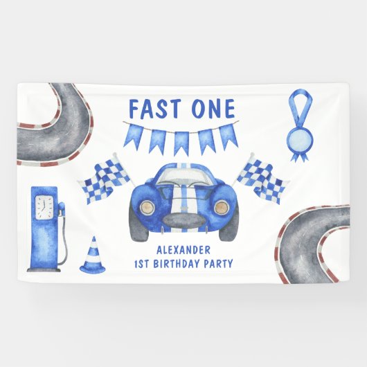 Eerste verjaardagsfeestje raceauto spandoek (Horizontaal)