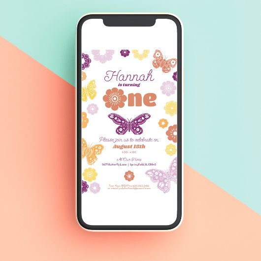 Eerste verjaardagsfeestje Retro Butterfly Verjaard Kaart