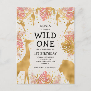 Eerste verjaardagsfeestje roze ecru safari voor me uitnodiging briefkaart