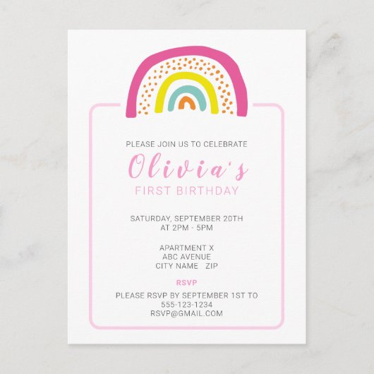 Eerste verjaardagsfeestje uitnodiging voor Regenbo (Voorkant)