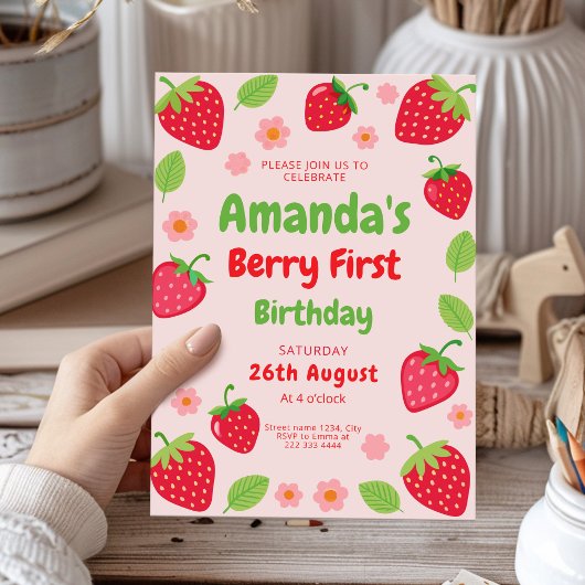 Eerste verjaardagsfeestje van aardbei, foto kaart