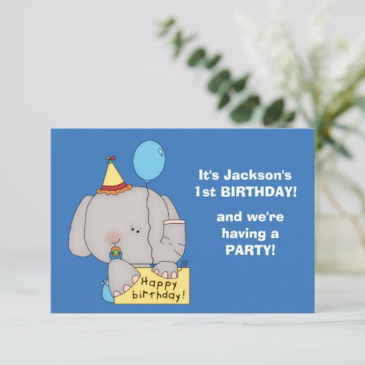 Eerste verjaardagsfeestje van een olifantje kaart (Staand voorkant)