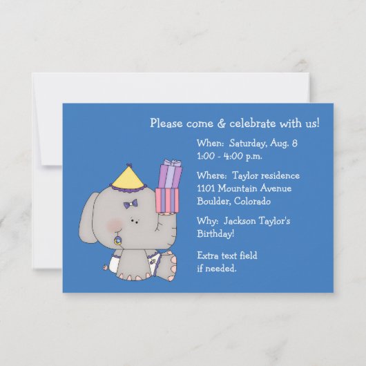 Eerste verjaardagsfeestje van een olifantje kaart (Achterkant)