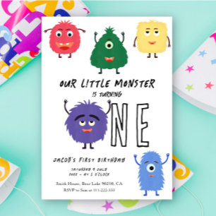 Eerste verjaardagsfeestje van kleine monster kaart