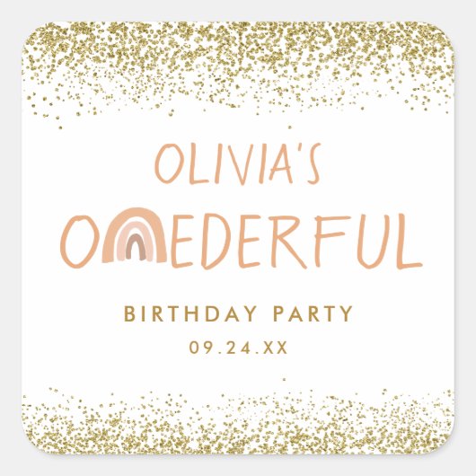 Eerste verjaardagsfeestje van Regenboog Onederful  Vierkante Sticker (Voorkant)