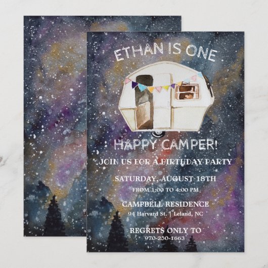 Eerste verjaardagsfeestje voor One Happy Camper Kaart (Voorkant / Achterkant)