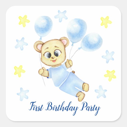 Eerste verjaardagsjongensfeestje positief vierkante sticker (Voorkant)