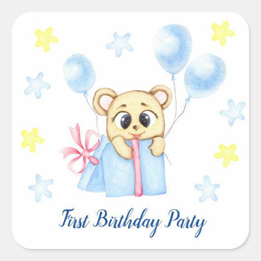 Eerste verjaardagsjongensfeestje positief vierkante sticker (Voorkant)