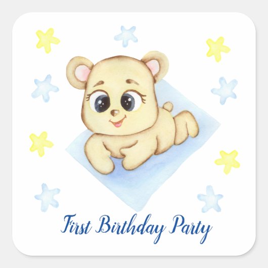 Eerste verjaardagsjongensfeestje positief vierkante sticker (Voorkant)