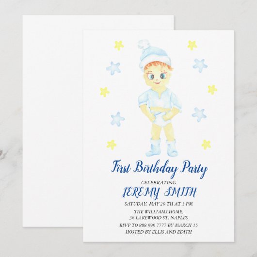 Eerste verjaardagsjongensfeestje save the date (Voorkant / Achterkant)