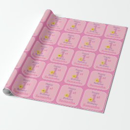Eerste verjaardagsmeisje, roze gele ster met naam cadeaupapier