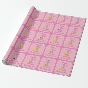 Eerste verjaardagsmeisje, roze gele ster met naam cadeaupapier