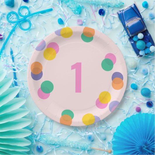 Eerste Verjaardagspastel Roze Confetti Papieren Bordje (Feest)