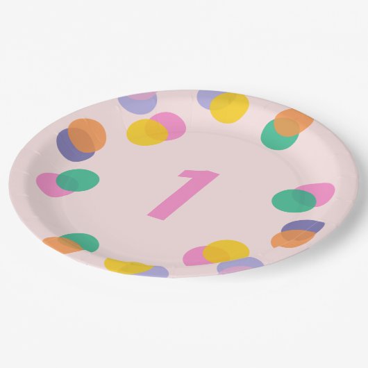 Eerste Verjaardagspastel Roze Confetti Papieren Bordje (Gekanteld)