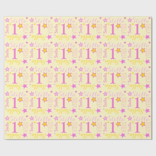 Eerste verjaardagster aangepaste naam gele roze cadeaupapier (Vlak)