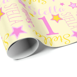 Eerste verjaardagster aangepaste naam gele roze cadeaupapier