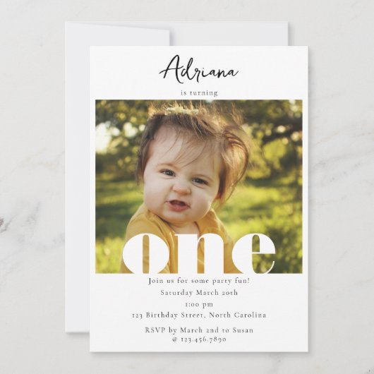 Eerste verjaardagsuitnodiging 1e One Photo Script Kaart (Voorkant)