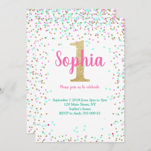 Eerste verjaardagsuitnodiging 1e uitnodigen Meisje Kaart (Voorkant / Achterkant)