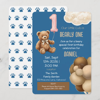 Eerste verjaardagsuitnodiging 'Bearly One' teddybe Kaart