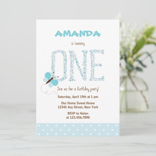 Eerste verjaardagsuitnodiging Blauwe Vlinder Kaart (Staand voorkant)